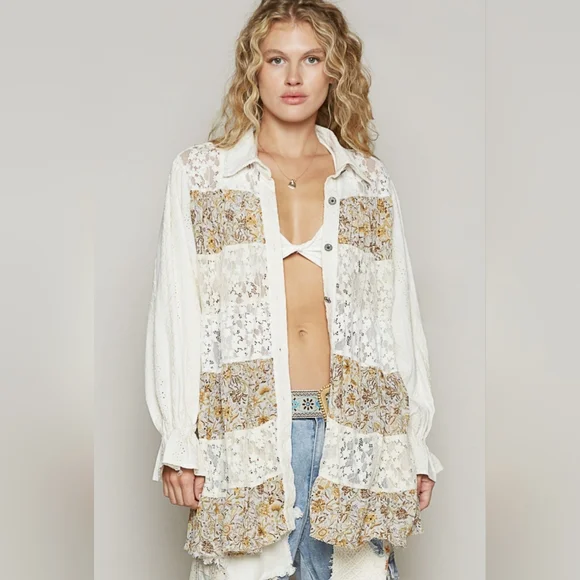 🌞#498 POL Balloon Sleeve Floral Print Lace Patch Shirt - Picture 2 of 5